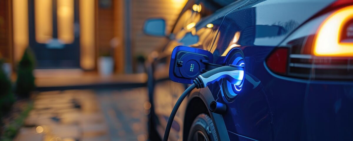 Electric car plugged in on driveway at night charging