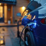 Electric car plugged in on driveway at night charging