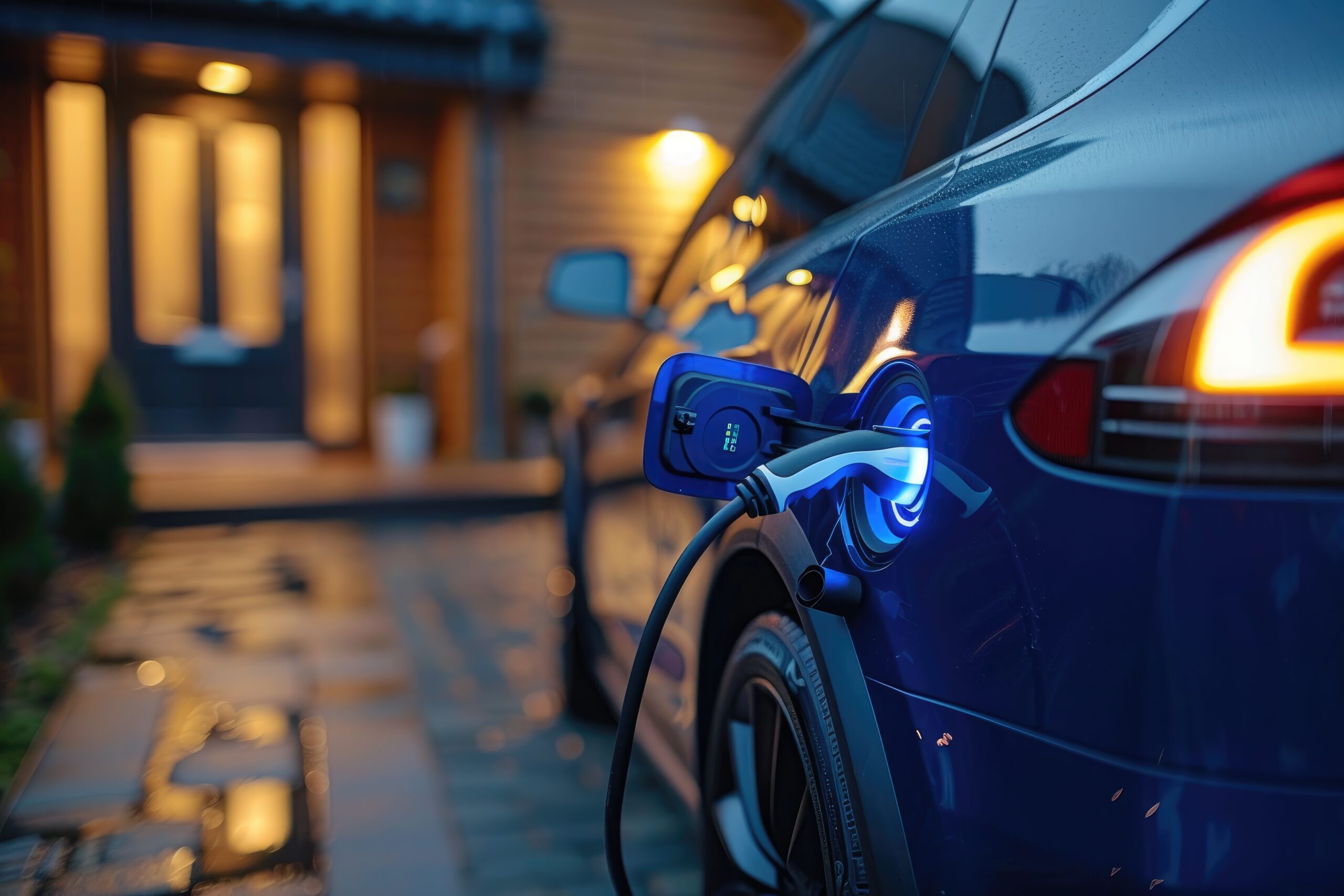 Electric car plugged in on driveway at night charging