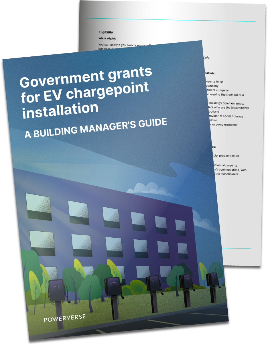 Cover phage showing Government grants for EV chargepoint installation: a building manager's guide and image of a block of flats